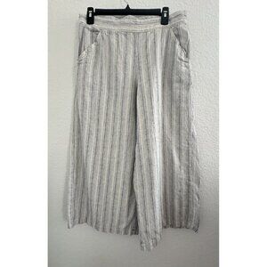 Max Studio Women's Cropped Wide Leg Striped Pants L Cream Linen Nautical Granny